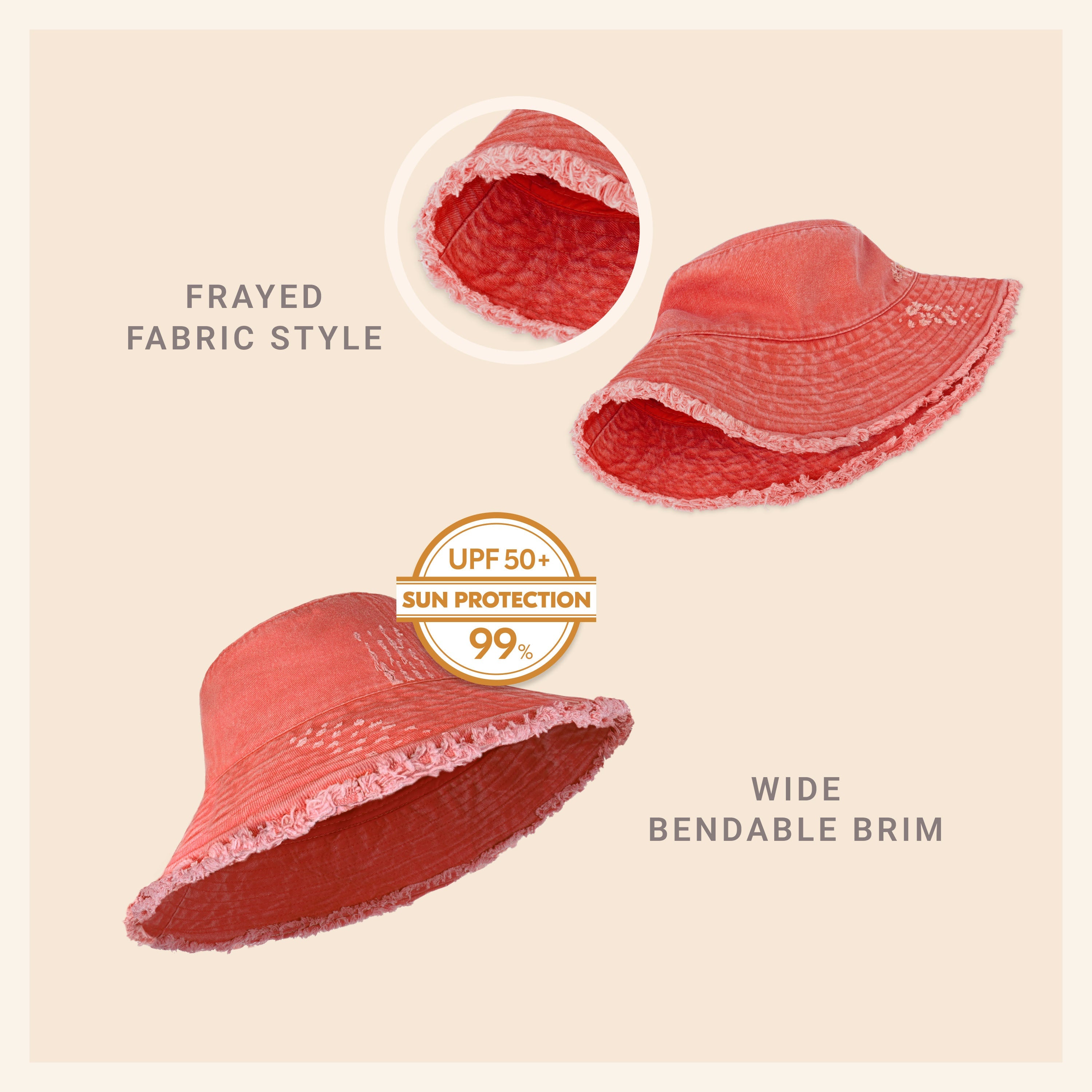Wide Brim Frayed Bucket Hat – Lightweight Summer Sun Hat for Women