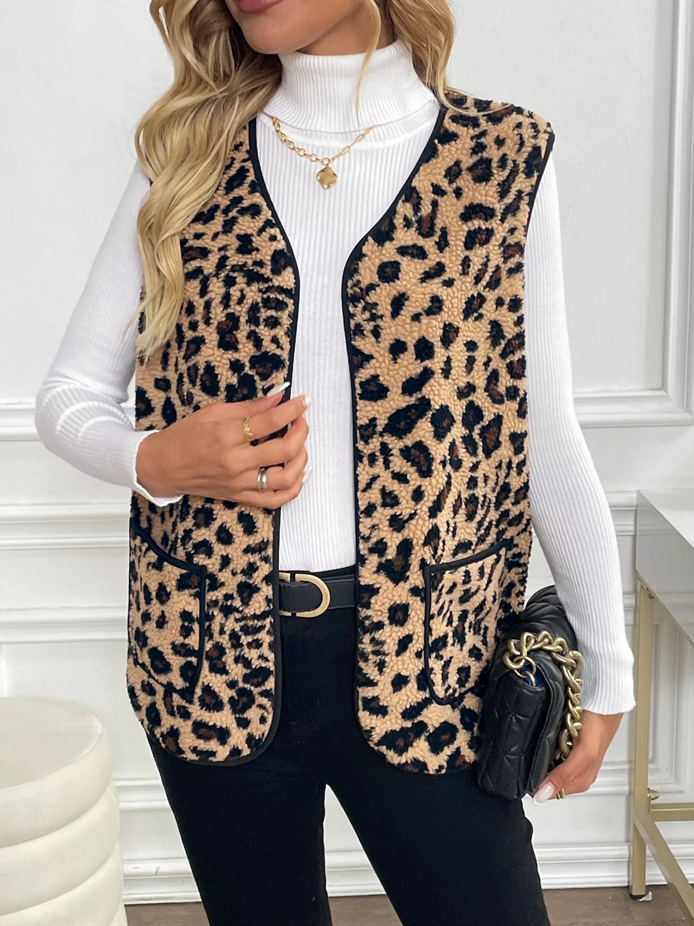 Leopard Fleece Pocket Vest Coat