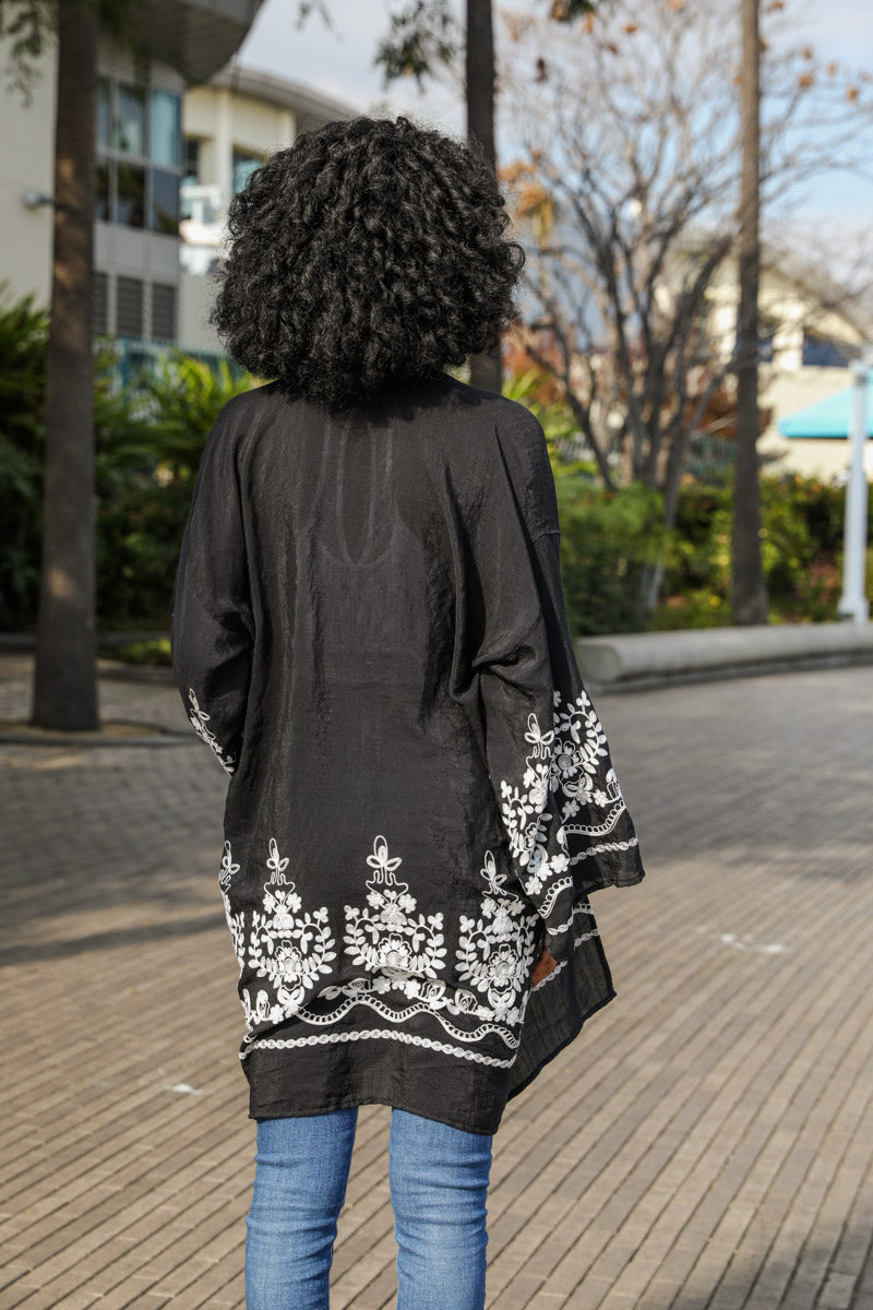Embroidered Floral Vine Kimono – Lightweight Boho Cover-Up for Women