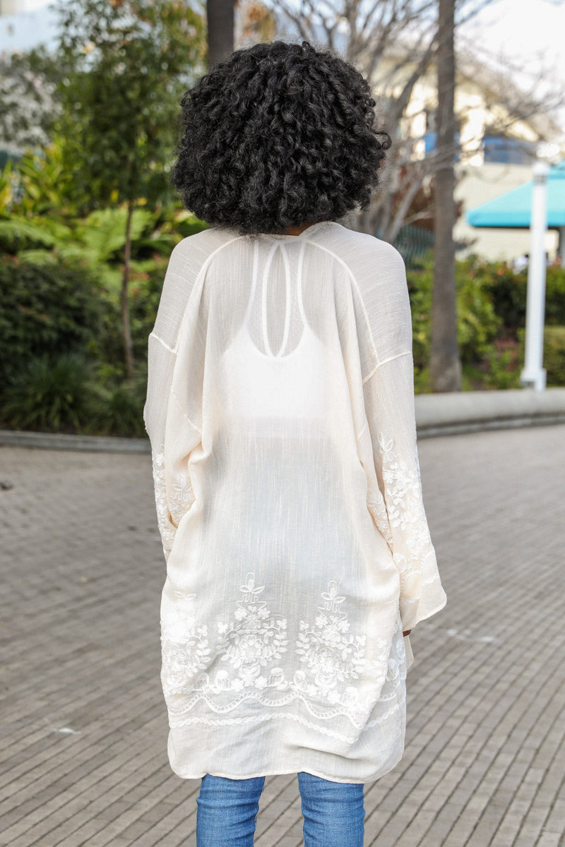 Embroidered Floral Vine Kimono – Lightweight Boho Cover-Up for Women