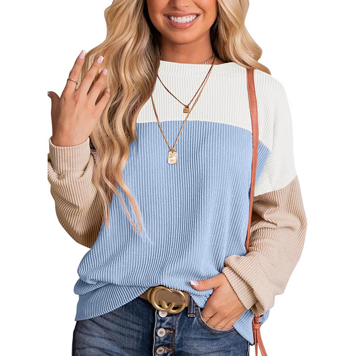 Color Block Crewneck Knit Pullover Top