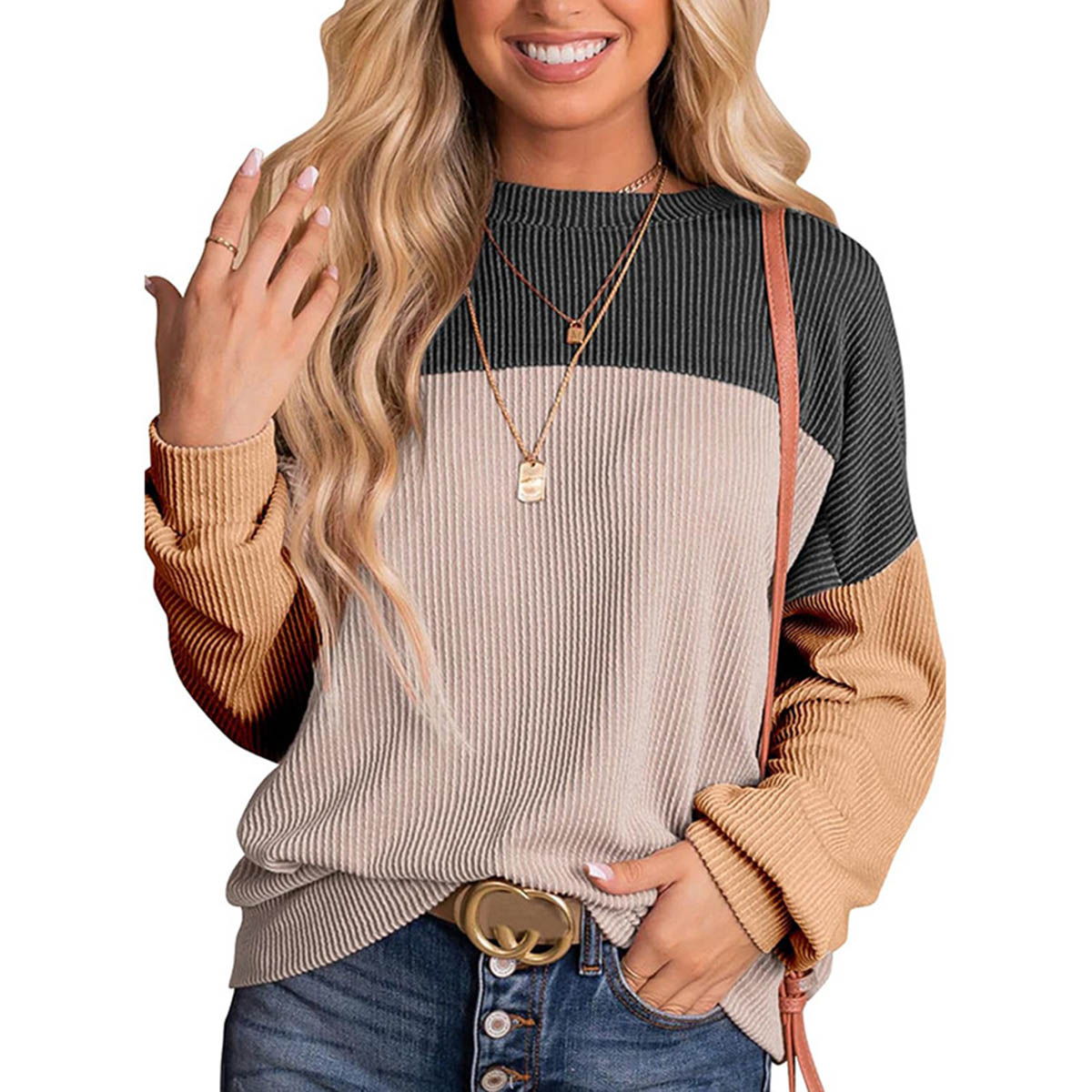 Color Block Crewneck Knit Pullover Top