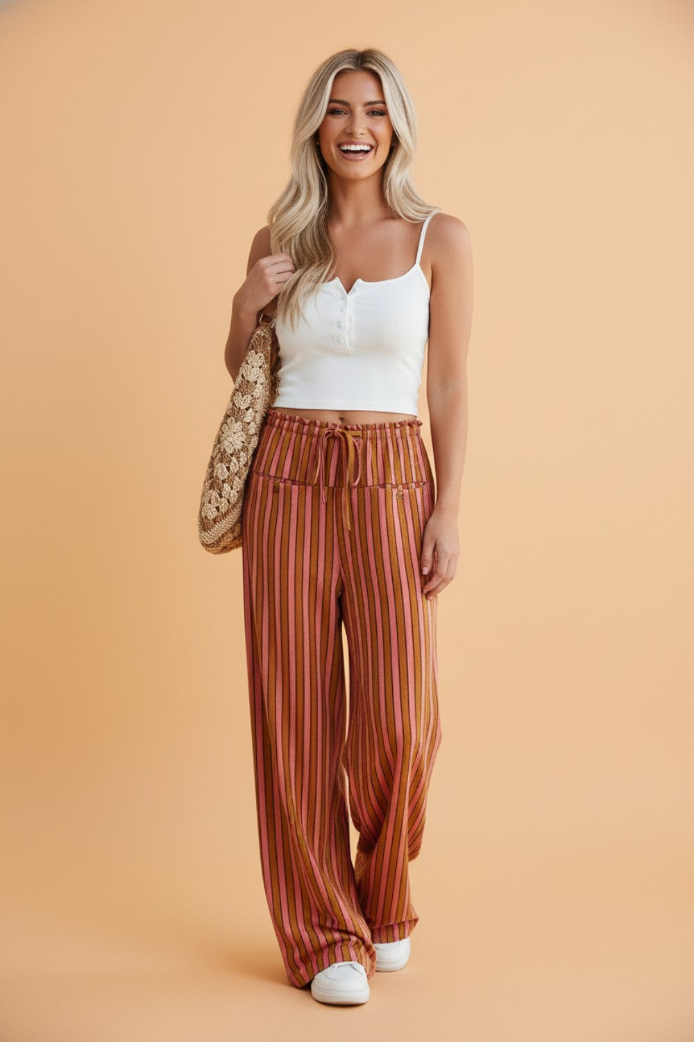 Striped Tie-Waist Button Pocket Wide-Leg Pants