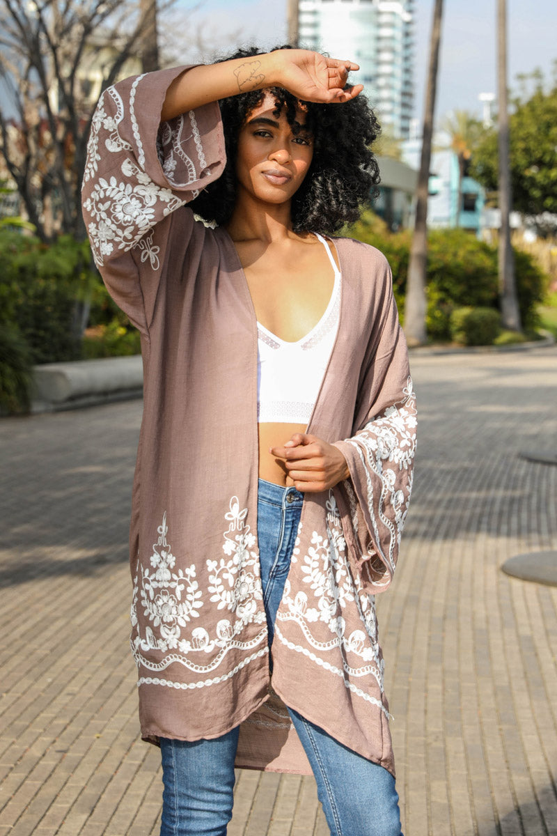 Embroidered Floral Vine Kimono – Lightweight Boho Cover-Up for Women