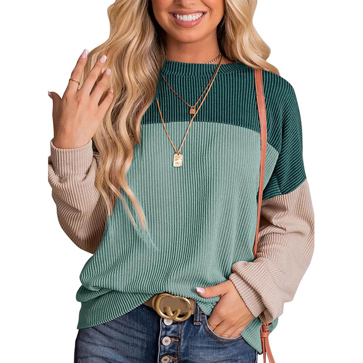 Color Block Crewneck Knit Pullover Top