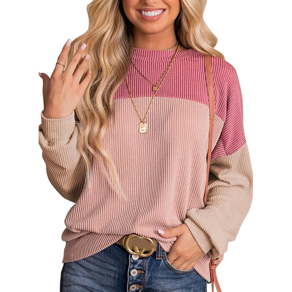 Color Block Crewneck Knit Pullover Top