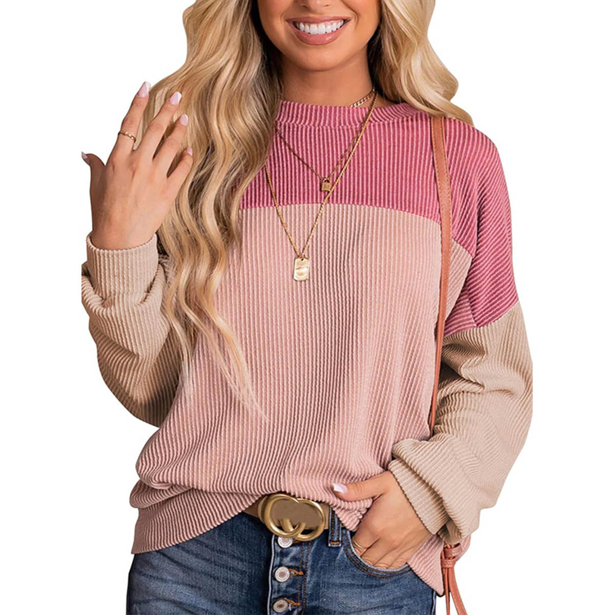 Color Block Crewneck Knit Pullover Top