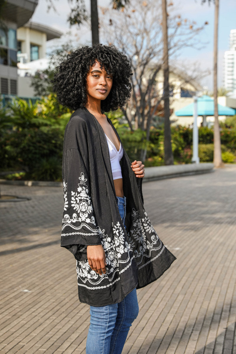 Embroidered Floral Vine Kimono – Lightweight Boho Cover-Up for Women