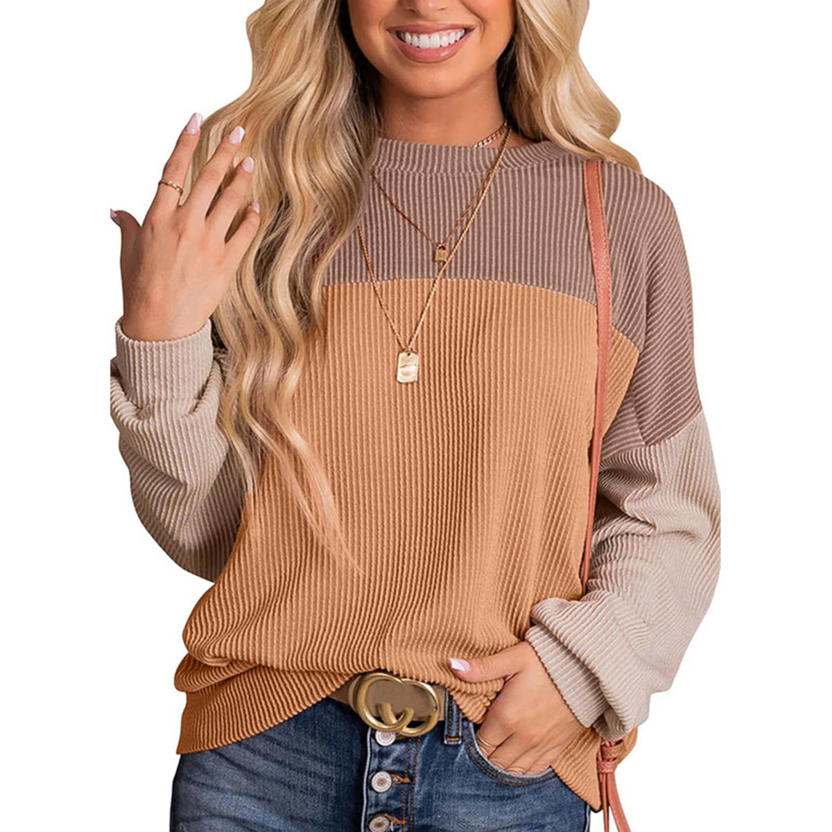 Color Block Crewneck Knit Pullover Top