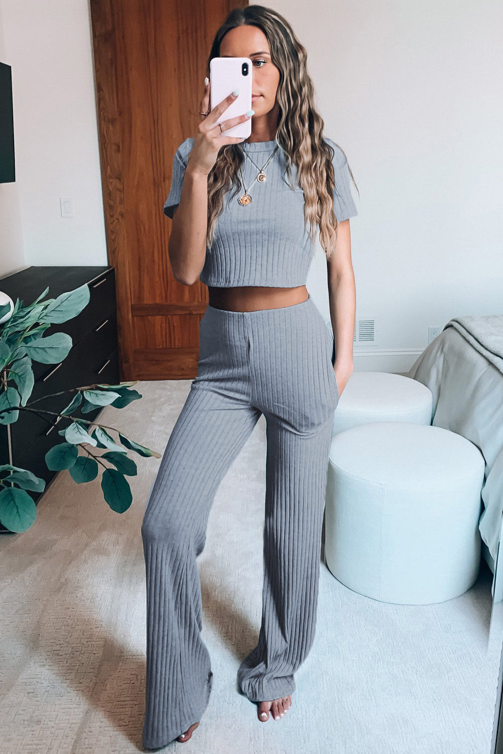 Ribbed Knit Cropped Tee & Wide-Leg Lounge Set