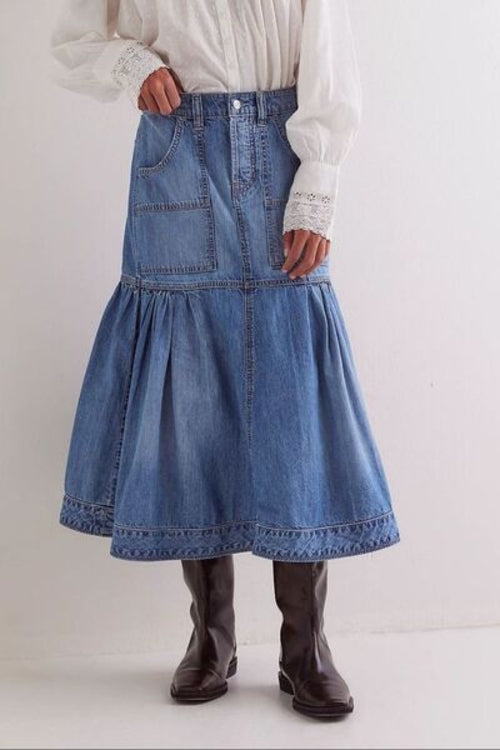 Munsieur Boho Denim Midi Pocket Skirt