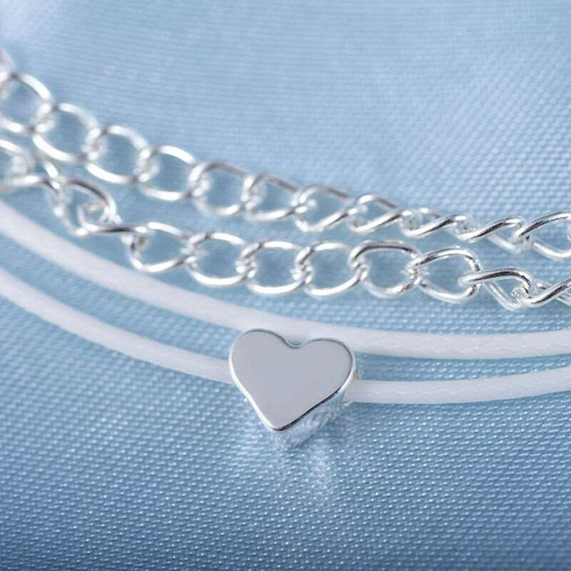 Boho Silver Heart Multi-Chain Anklet