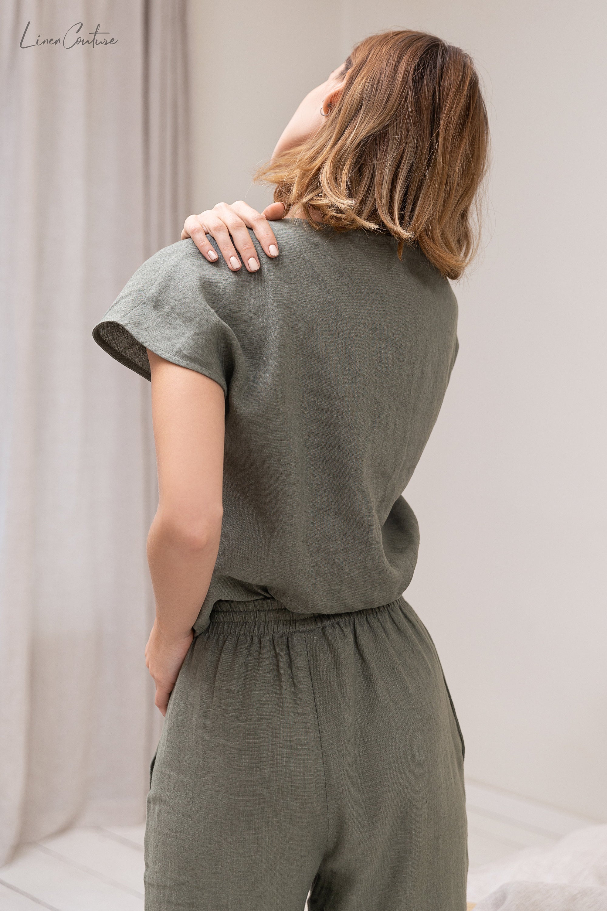 Safari Green Linen Set - Earthy Natural Loungewear