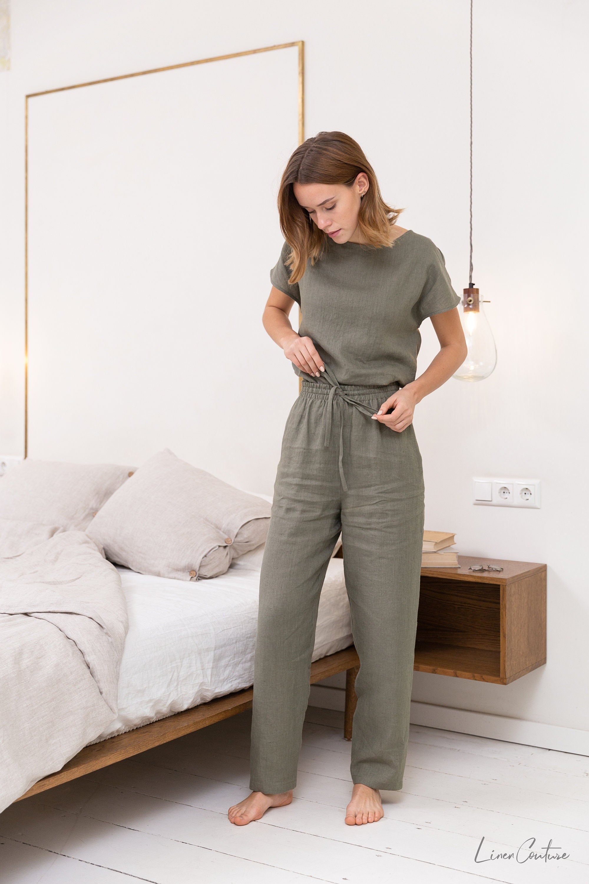 Safari Green Linen Set - Earthy Natural Loungewear