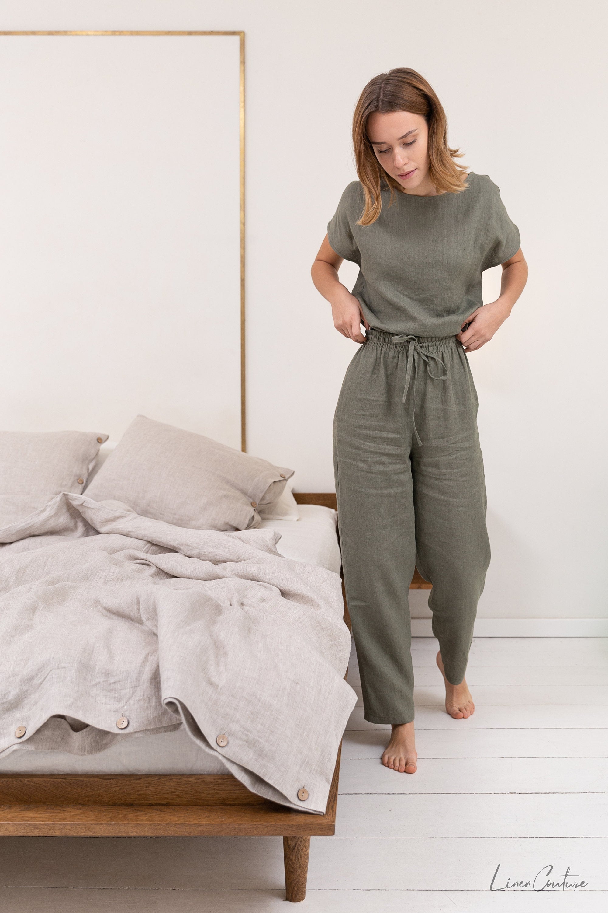 Safari Green Linen Set - Earthy Natural Loungewear