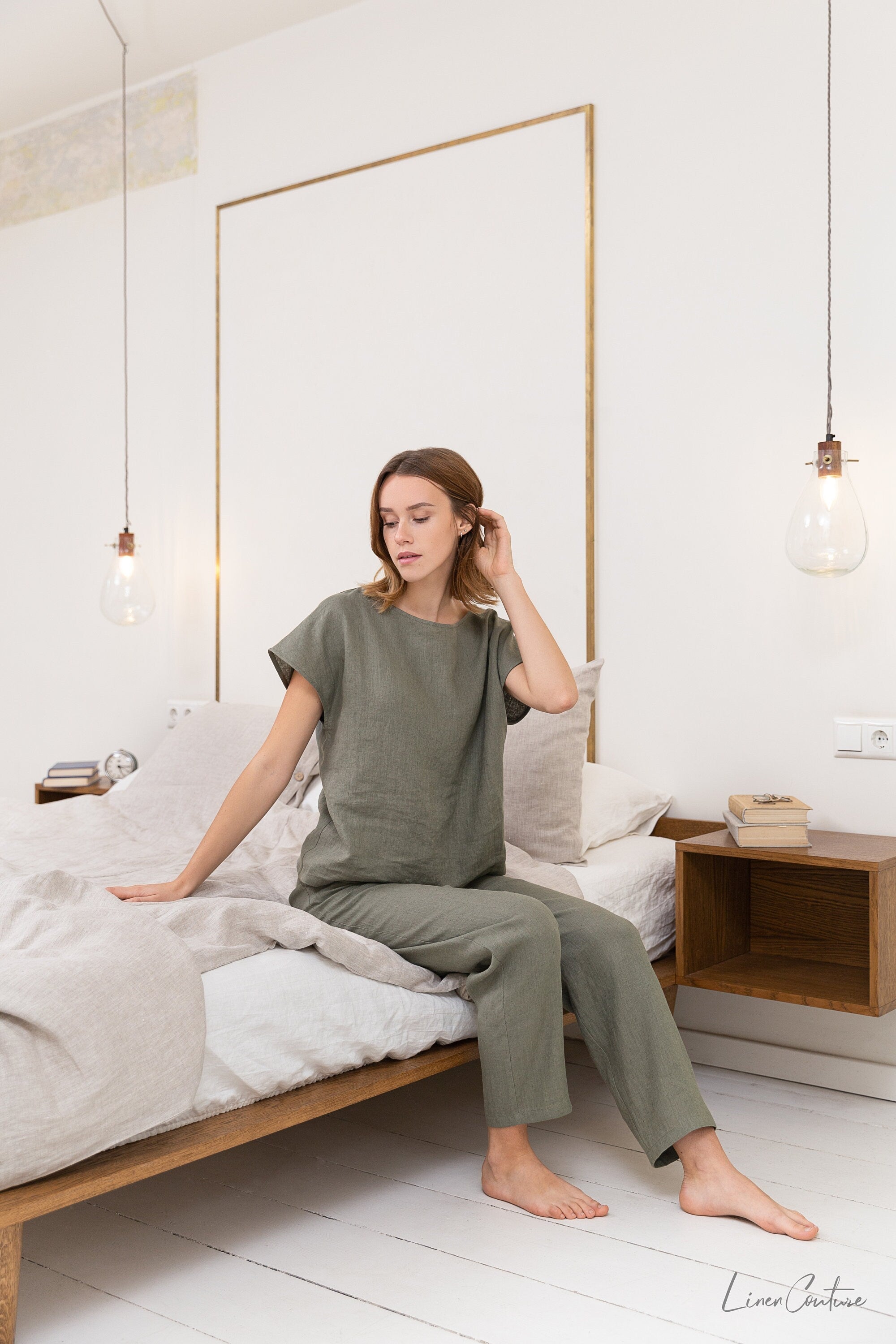 Safari Green Linen Set - Earthy Natural Loungewear