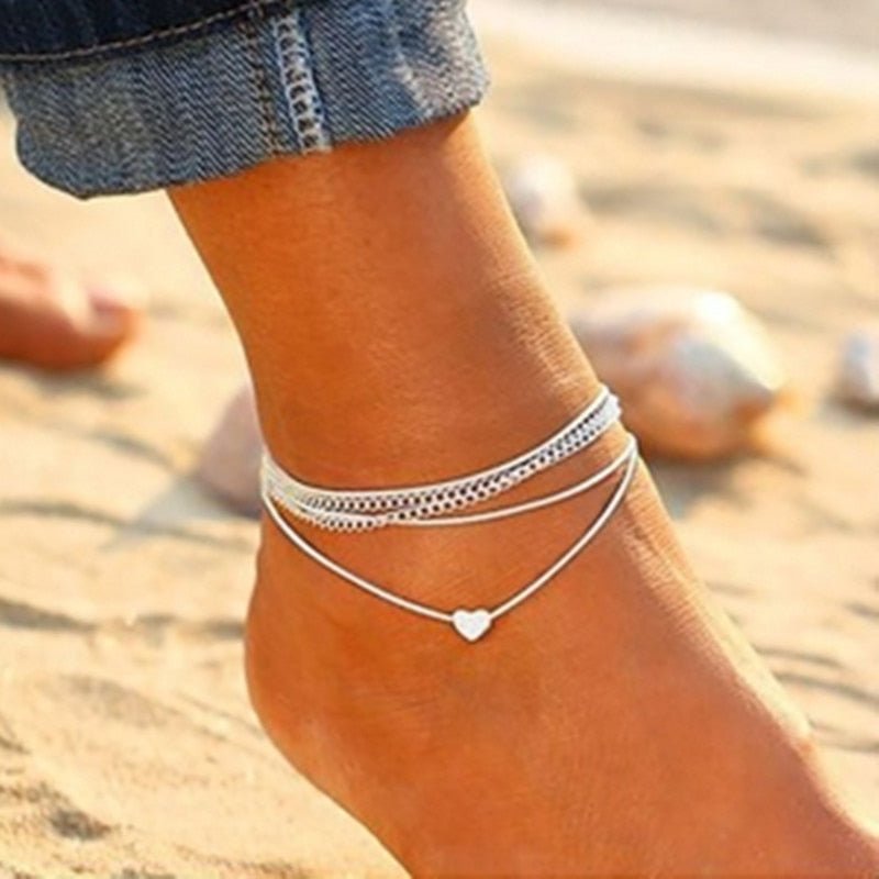 Boho Silver Heart Multi-Chain Anklet